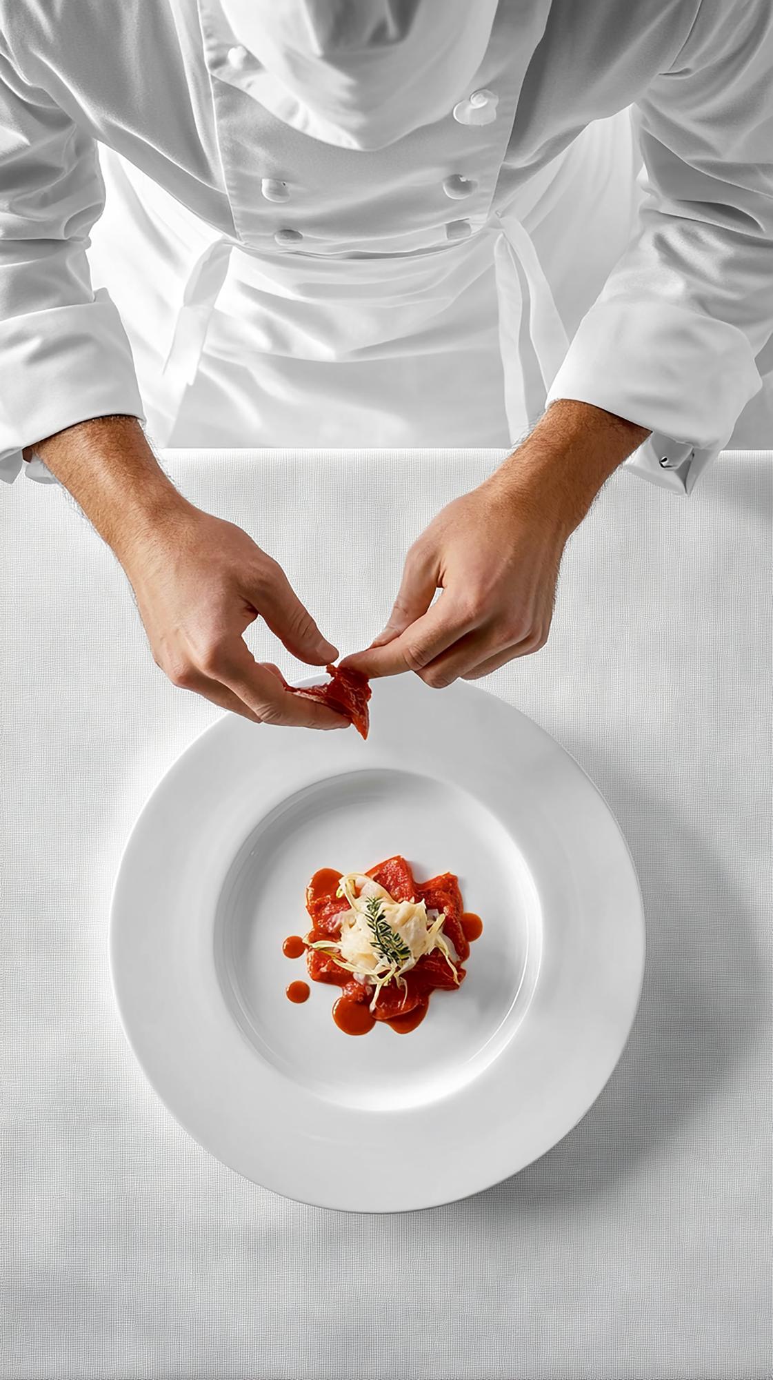 Instructor plating a bold dish on workshop table